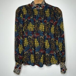 Zara Trafaluc Blouse Long Sleeve Floral Fall colors ruched neck/sleeves Small